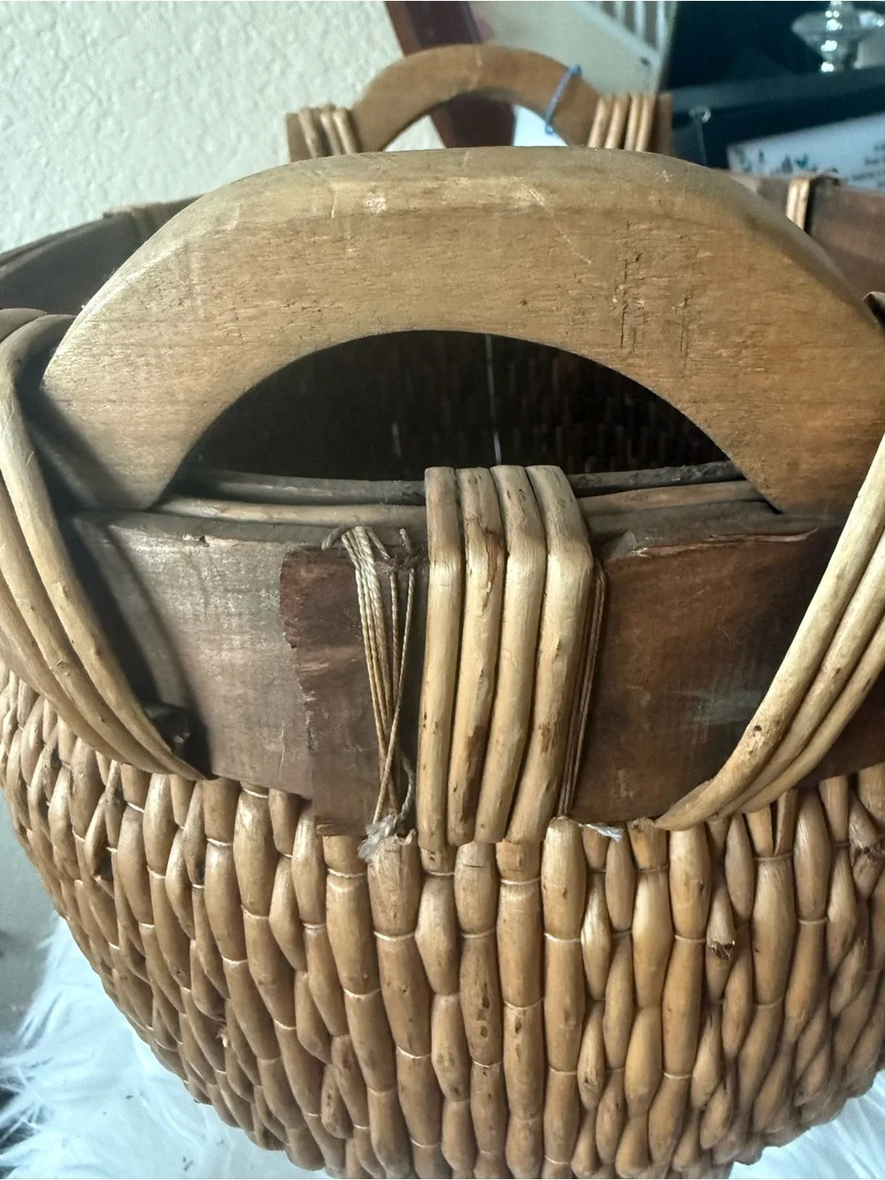 Antique Chinese Woven Willow Gathering Basket Medium Hand Carved Arched Handles